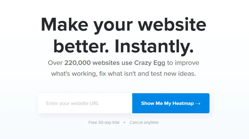 Crazy Egg homepage promoting website improvement with a heatmap.