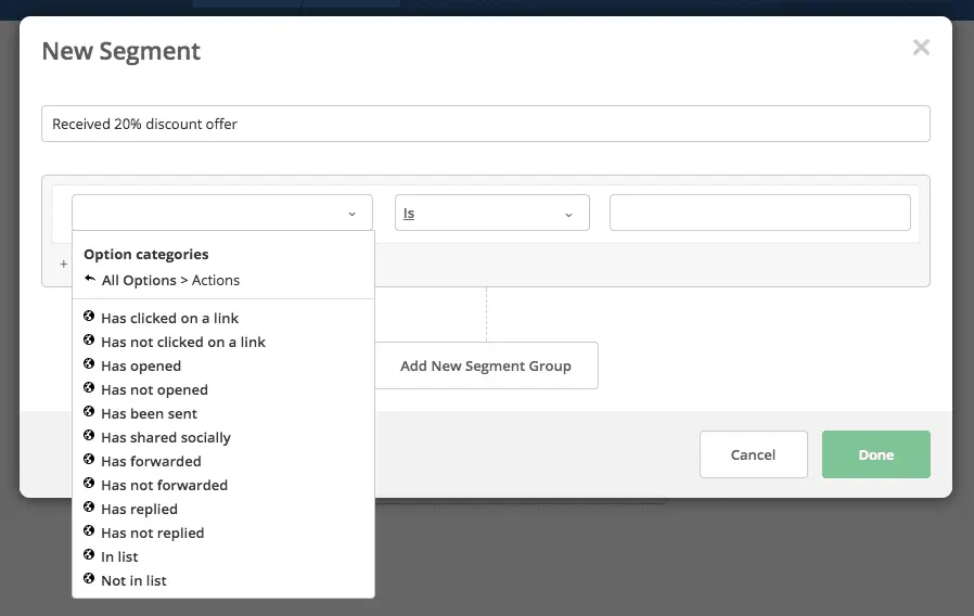 ActiveCampaign segmenting options for user actions.