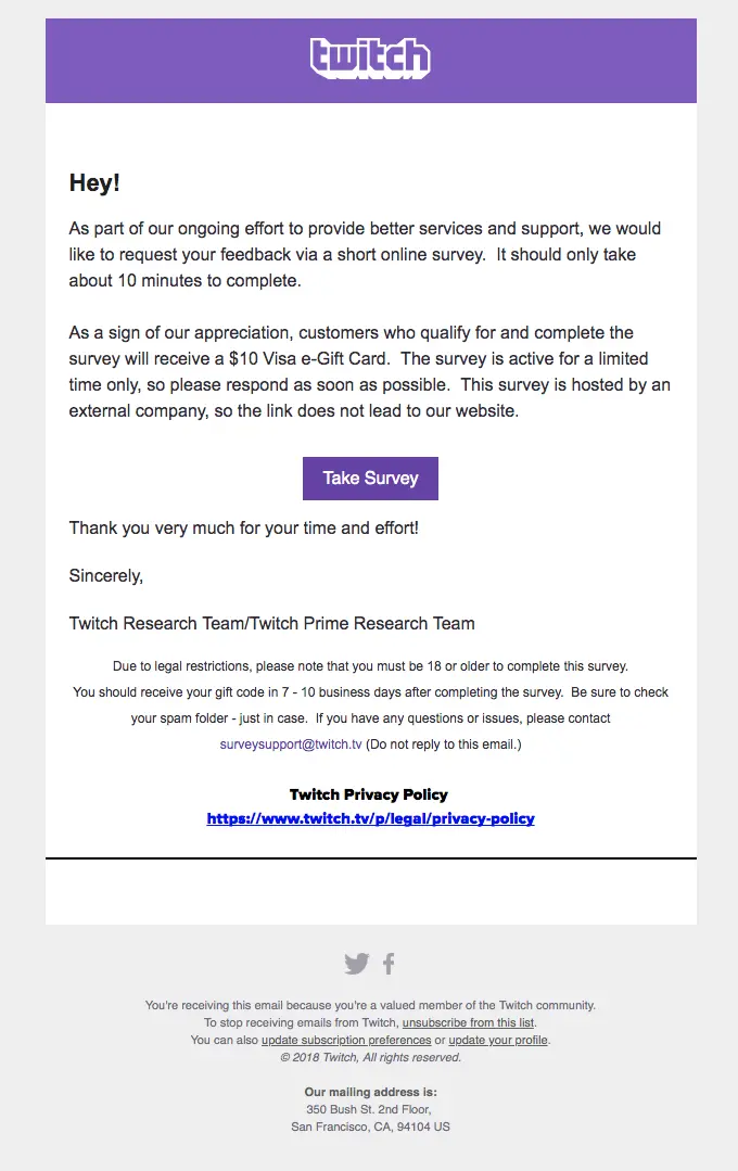 Twitch survey invitation requesting user feedback for improved service.