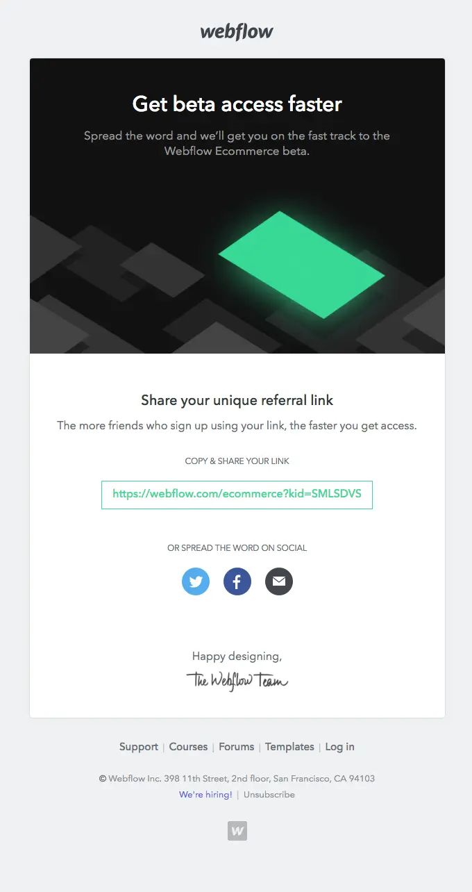Webflow e-commerce beta referral link sharing instructions.