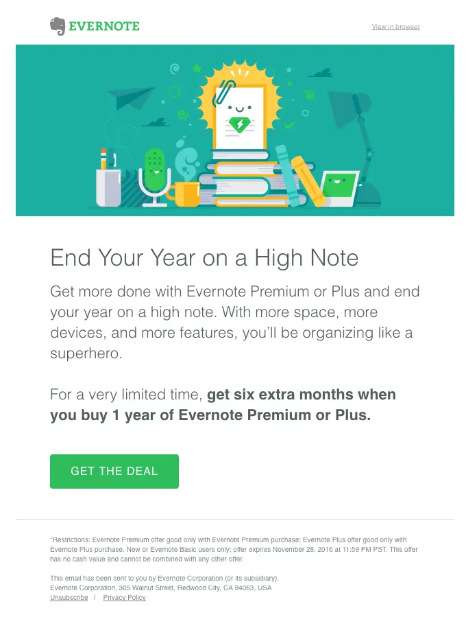 Evernote upselling email promoting Premium and Plus plans with a special offer.