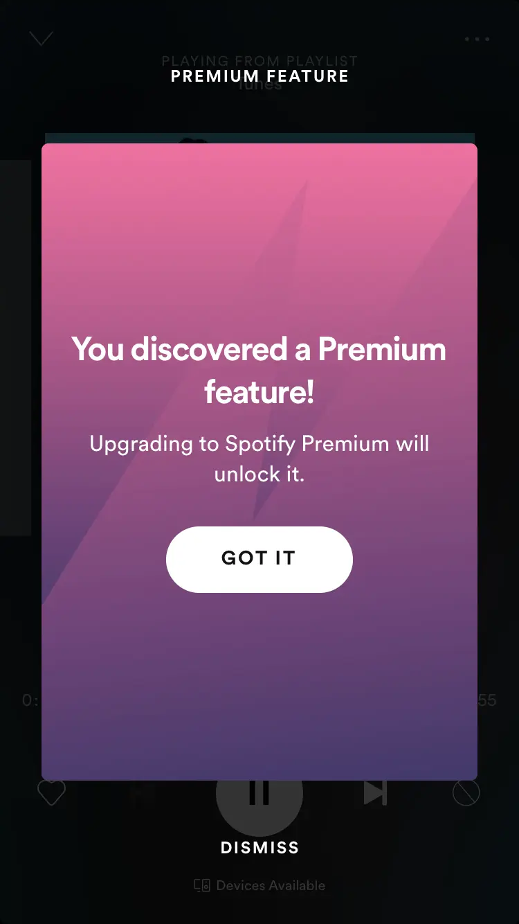 Spotify interface showing a prompt for discovering a Premium feature.