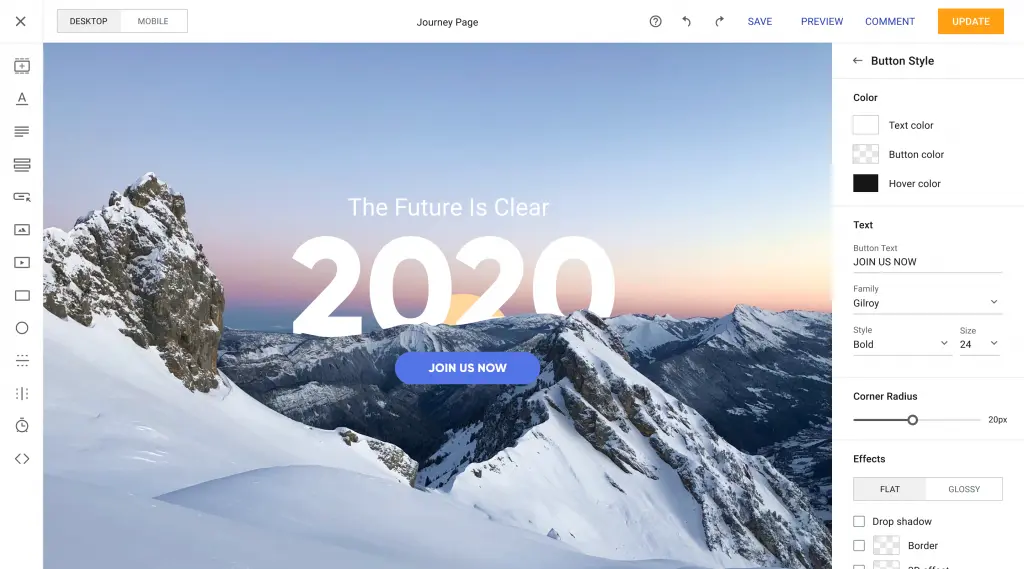 Journey Page builder interface displaying future-themed call-to-action and button styling options.