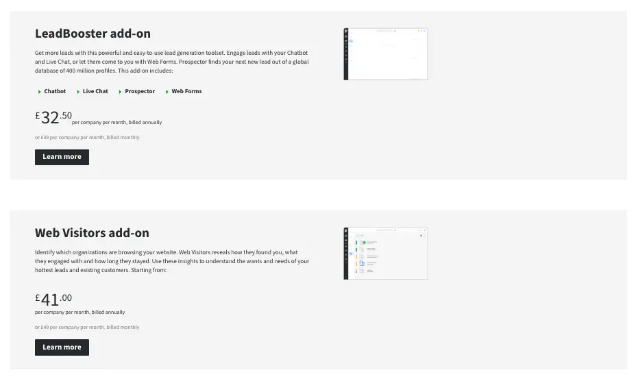 Pipedrive showing LeadBooster add-on features including Chatbot and Web Forms.