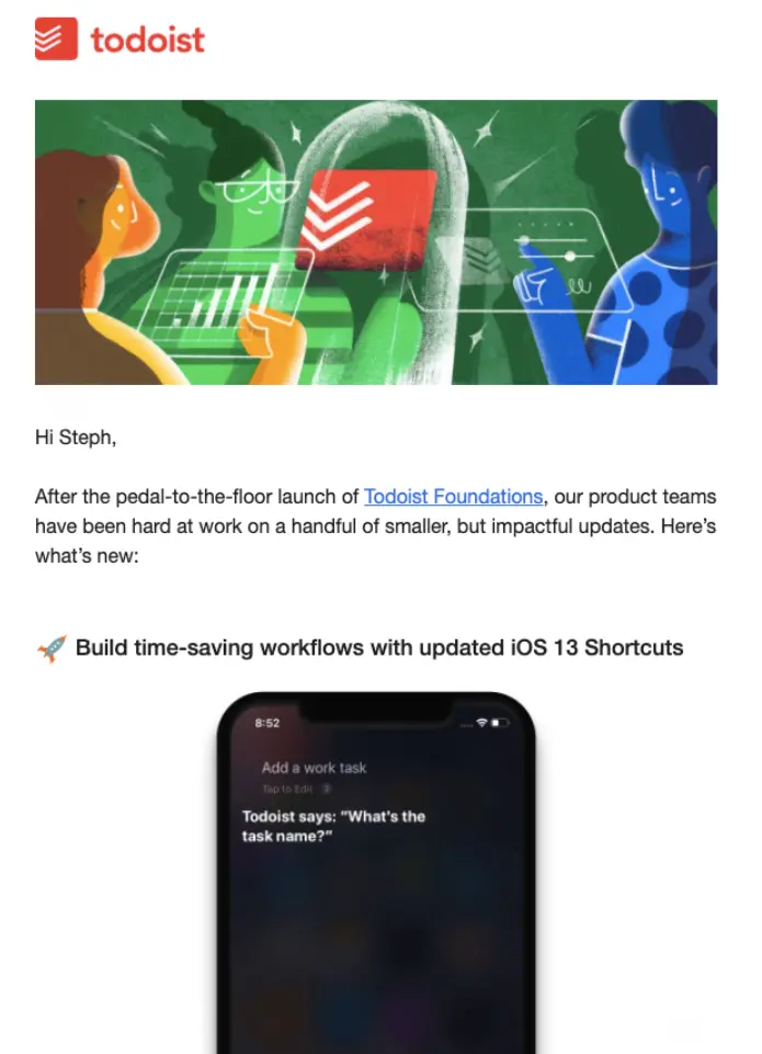 Todoist interface showing a task suggestion feature for iOS.