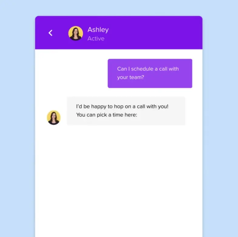 Intercom chat interface showing a conversation between Ashley and a user about scheduling a call.