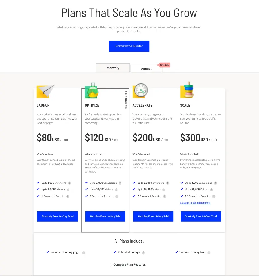 Unbounce pricing plans comparison showing features and costs.