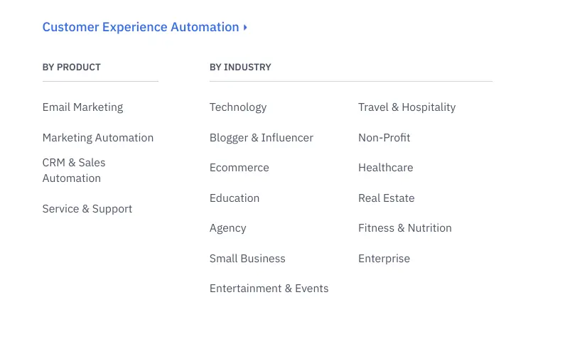 veCampaign customer experience automation features categorized by product and industry.