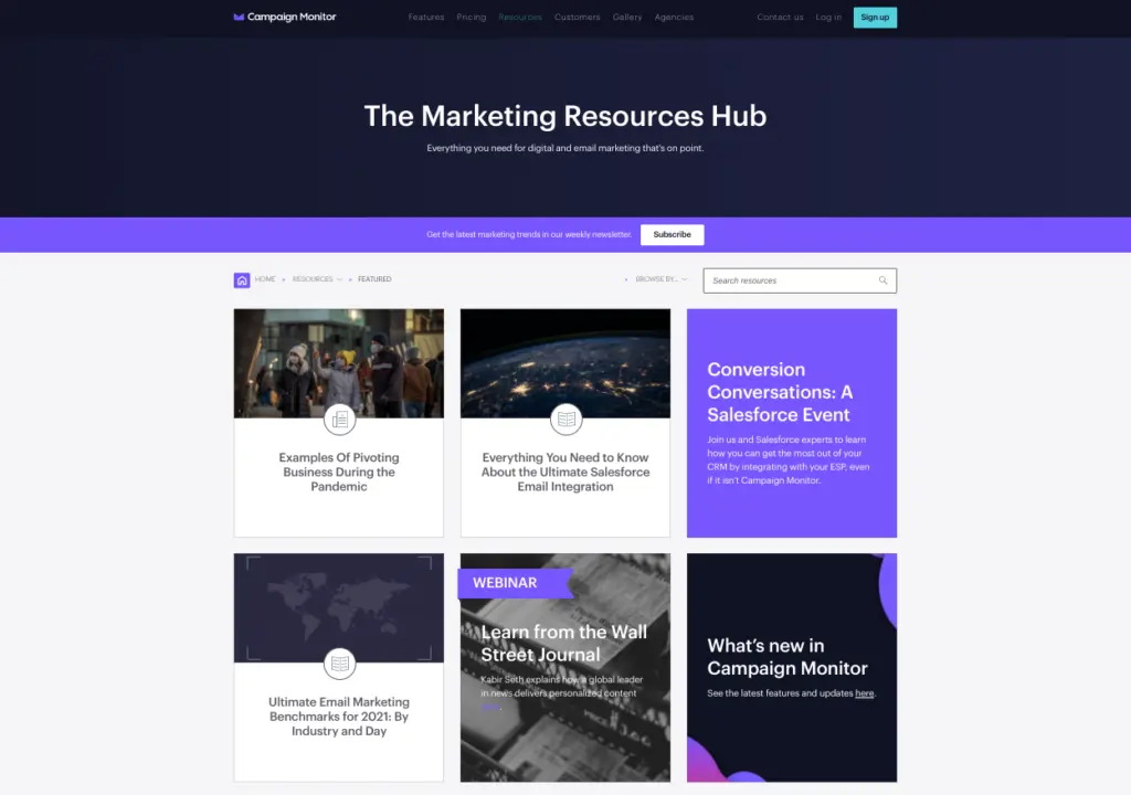 Campaign Monitor showing the Marketing Resources Hub with various guides and insights.