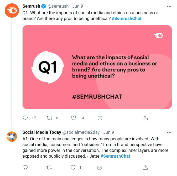Semrush showing a tweet with questions about social media ethics.