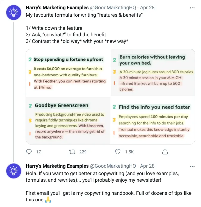 Twitter marketing examples showcasing formulas for effective features and benefits.