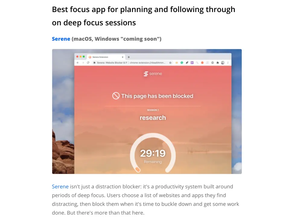 Serene website showing a blocked page during a focus session.