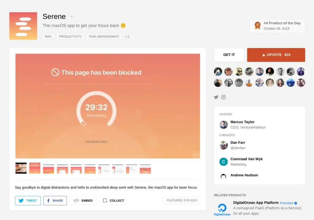 Serene blocking distractions with a countdown timer.