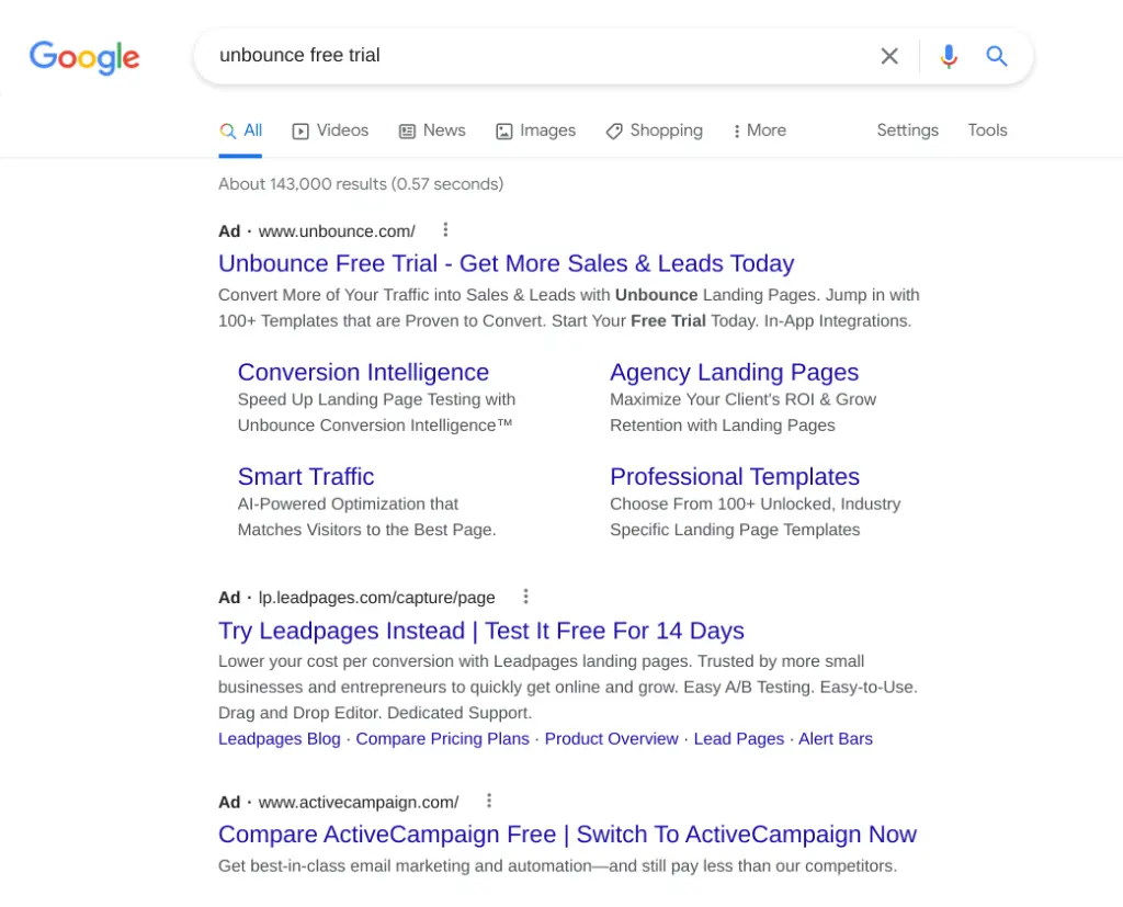 Google search results for "unbounce free trial" displaying various marketing tools and options.