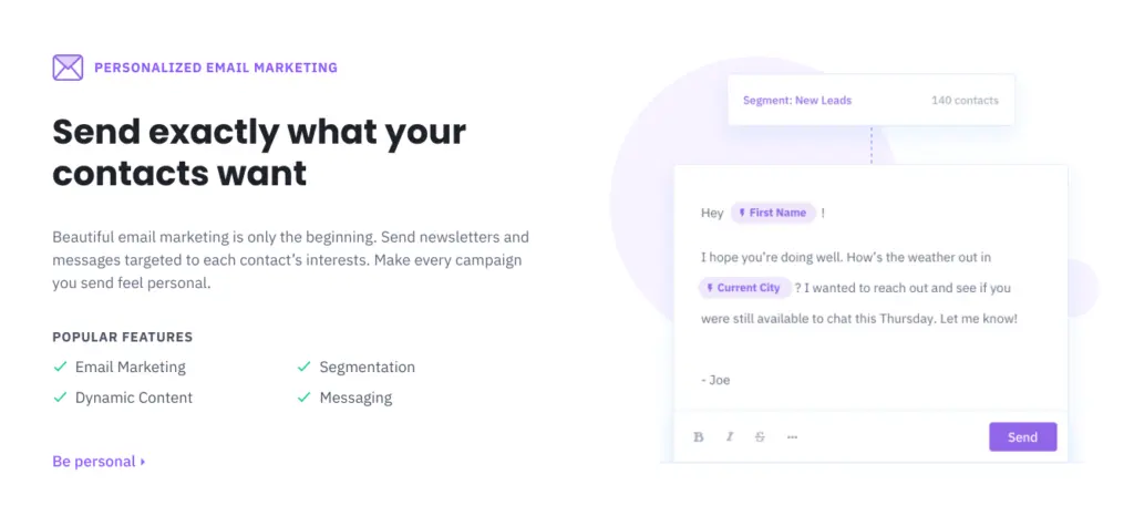 ActiveCampaign email marketing interface showcasing personalized messaging options.