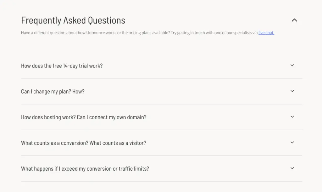 Unbounce FAQ section showing questions about pricing plans and trial work.