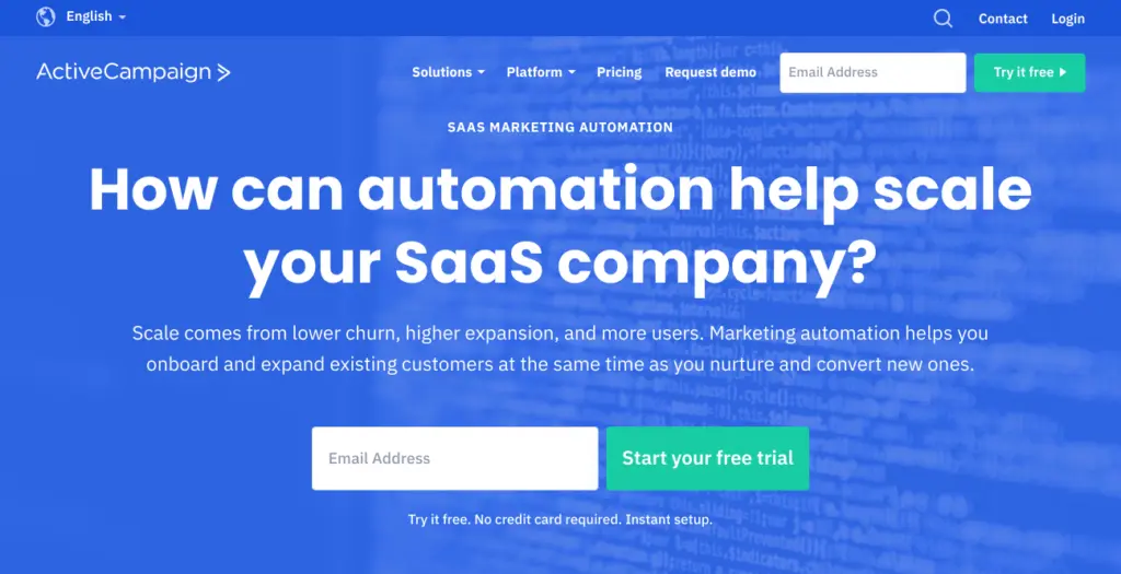 ActiveCampaign page for SaaS companies promoting marketing automation benefits.