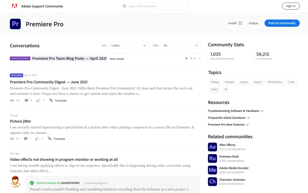 Adobe Premiere Pro community discussion thread highlighting user engagement and support.