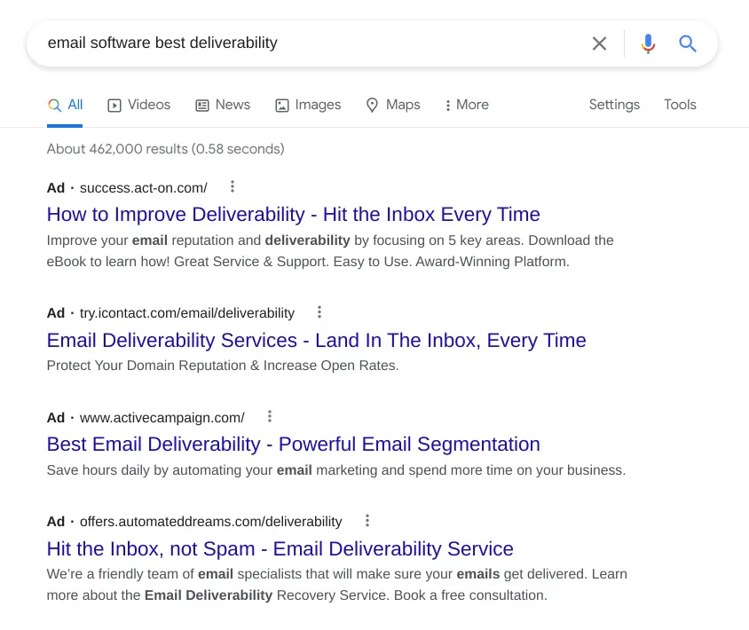 ActiveCampaign search results showing email software best deliverability.