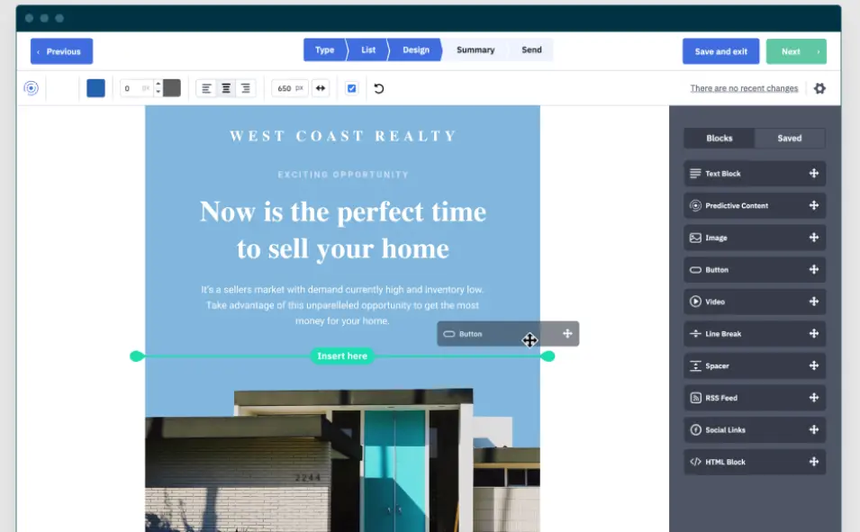 ActiveCampaign visual editor displaying a property listing template.
