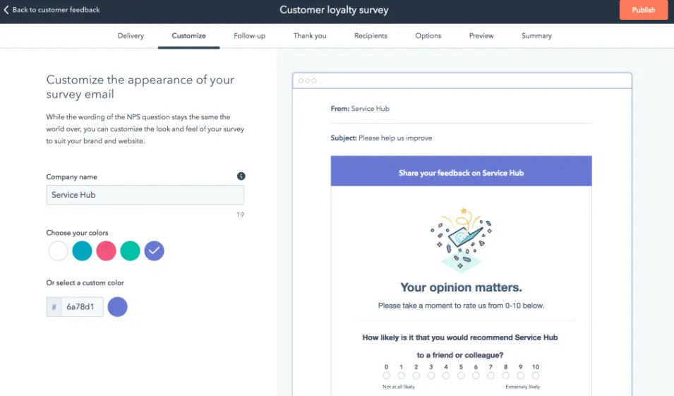 HubSpot customer loyalty survey customization settings.
