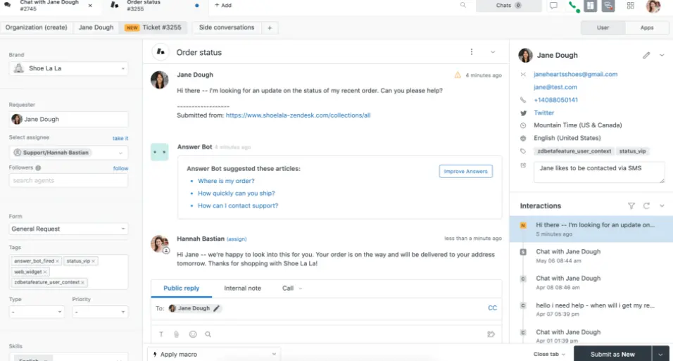 Zendesk interface showing a customer support conversation.