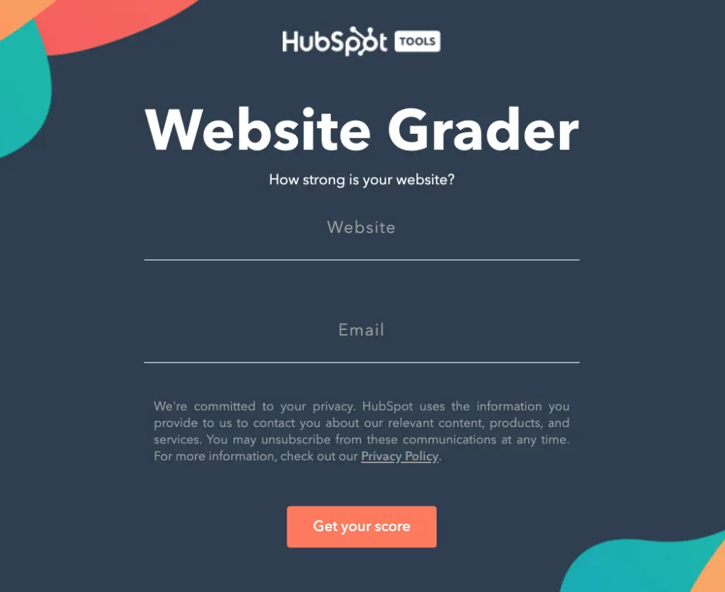 Website Grader tool displaying input fields for website URL and email.