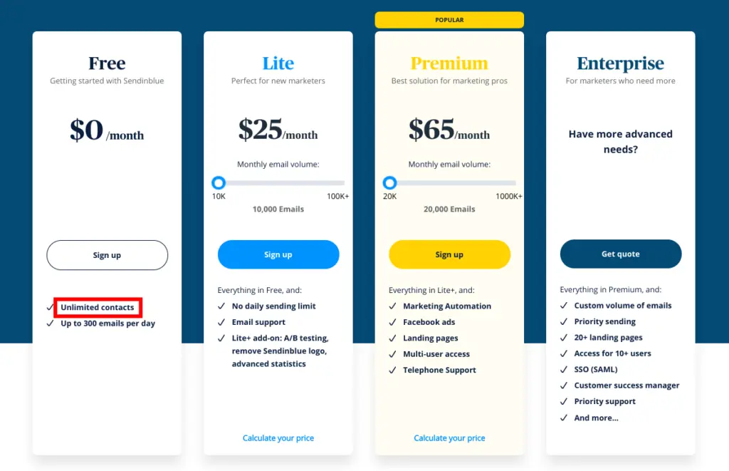 Pricing plans for Sendinblue highlighting the unlimited contacts feature.