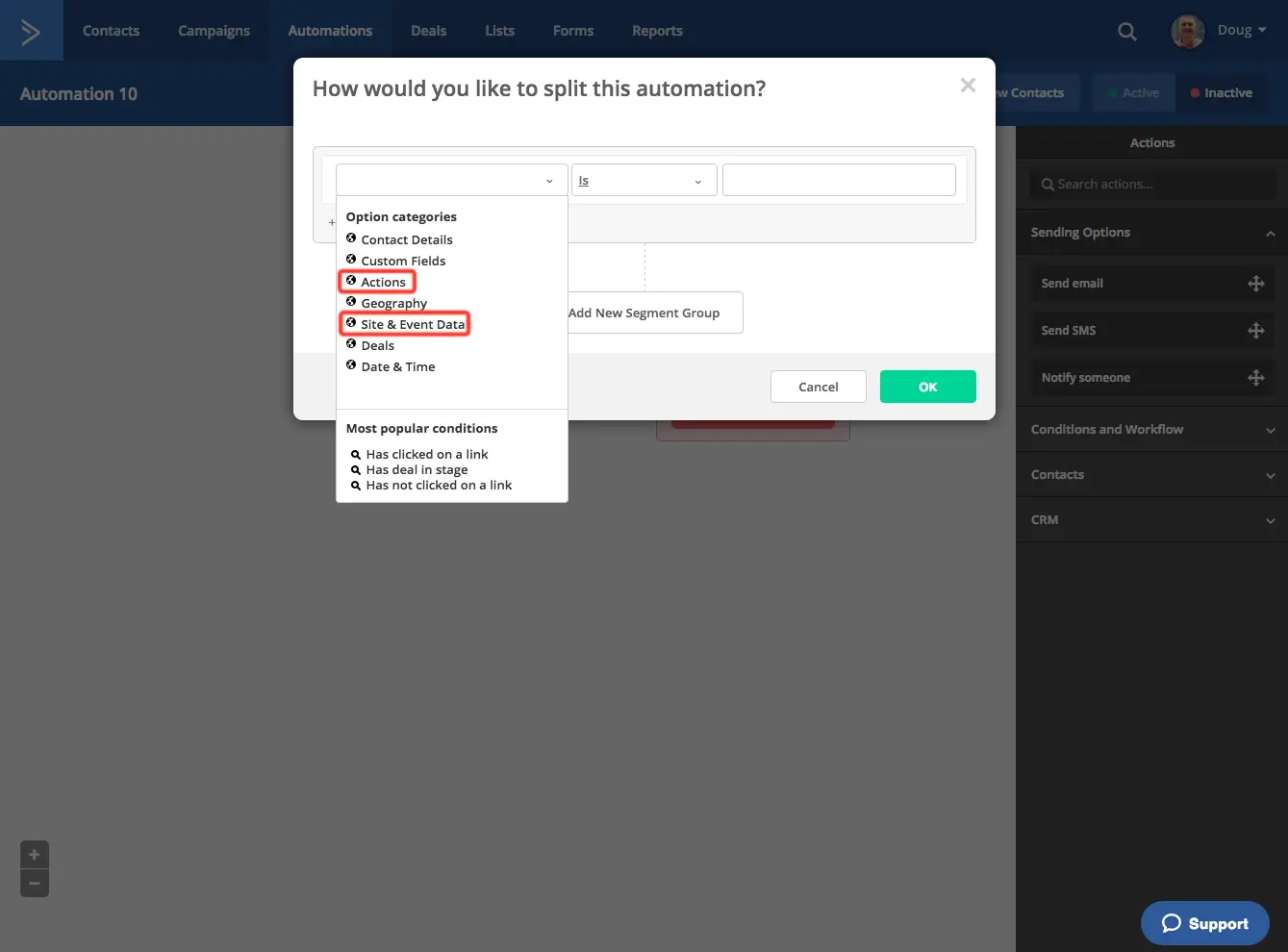 ActiveCampaign automation builder showing conditions to split an automation.