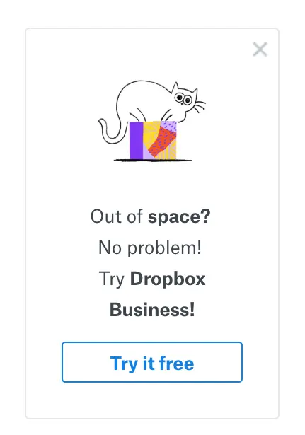 Dropbox promoting Business plan with a cat illustration.