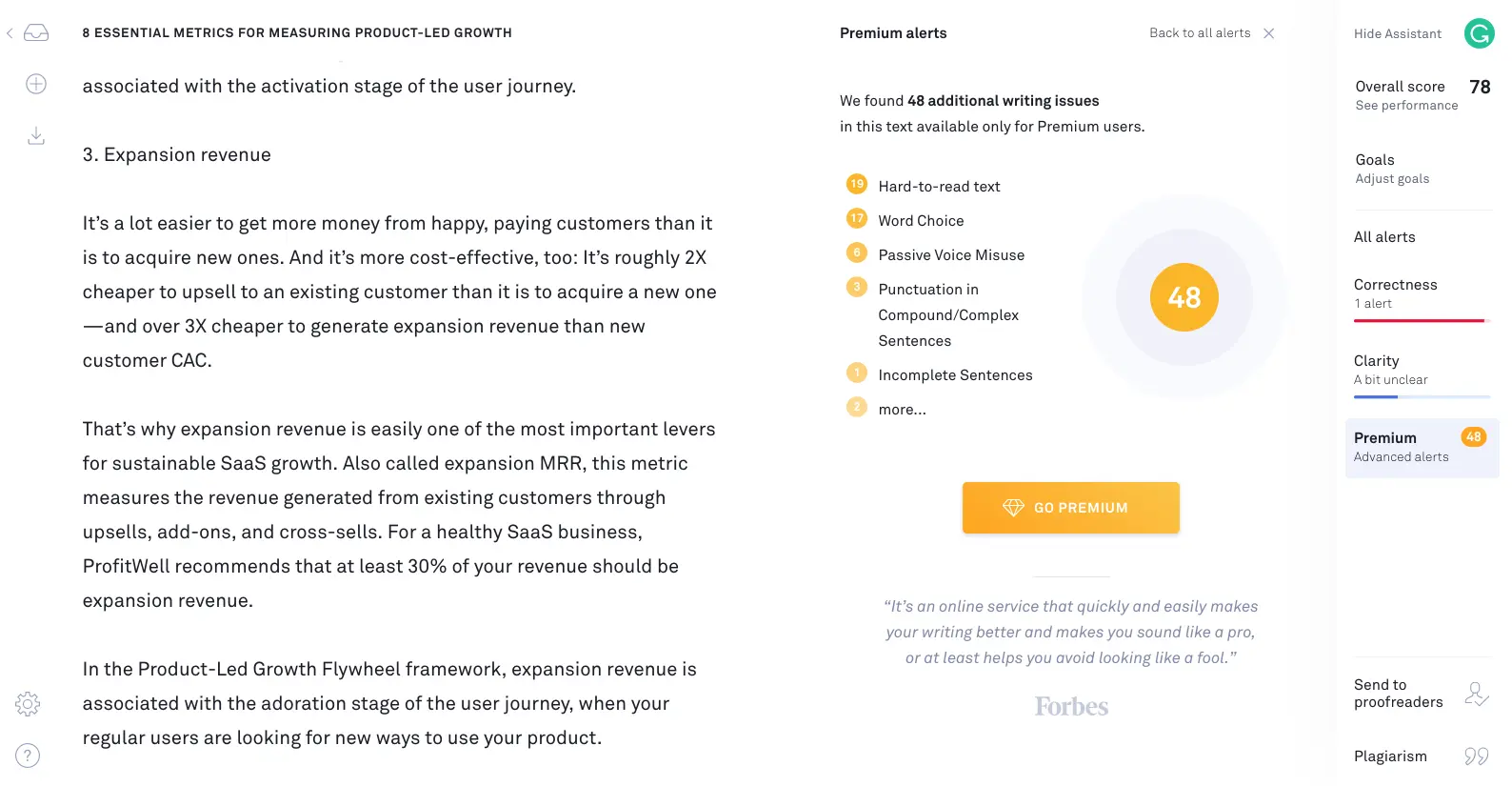 Grammarly premium interface displaying writing clarity and alerts.