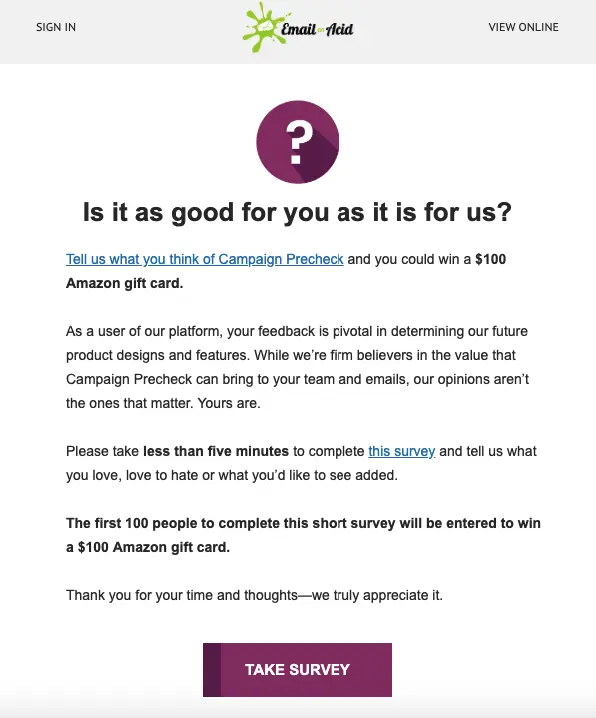 Survey feedback request for Campaign Precheck user experience.
