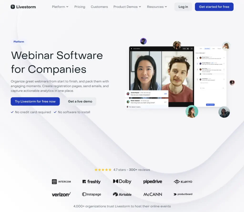 Livestorm interface showing webinar features and user engagement.