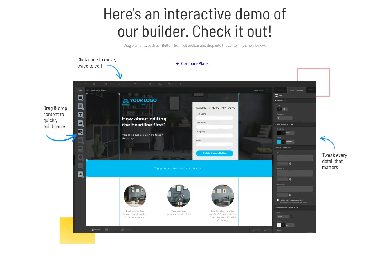 Obsidian Scheduling tool showcasing an interactive demo of a webpage builder.