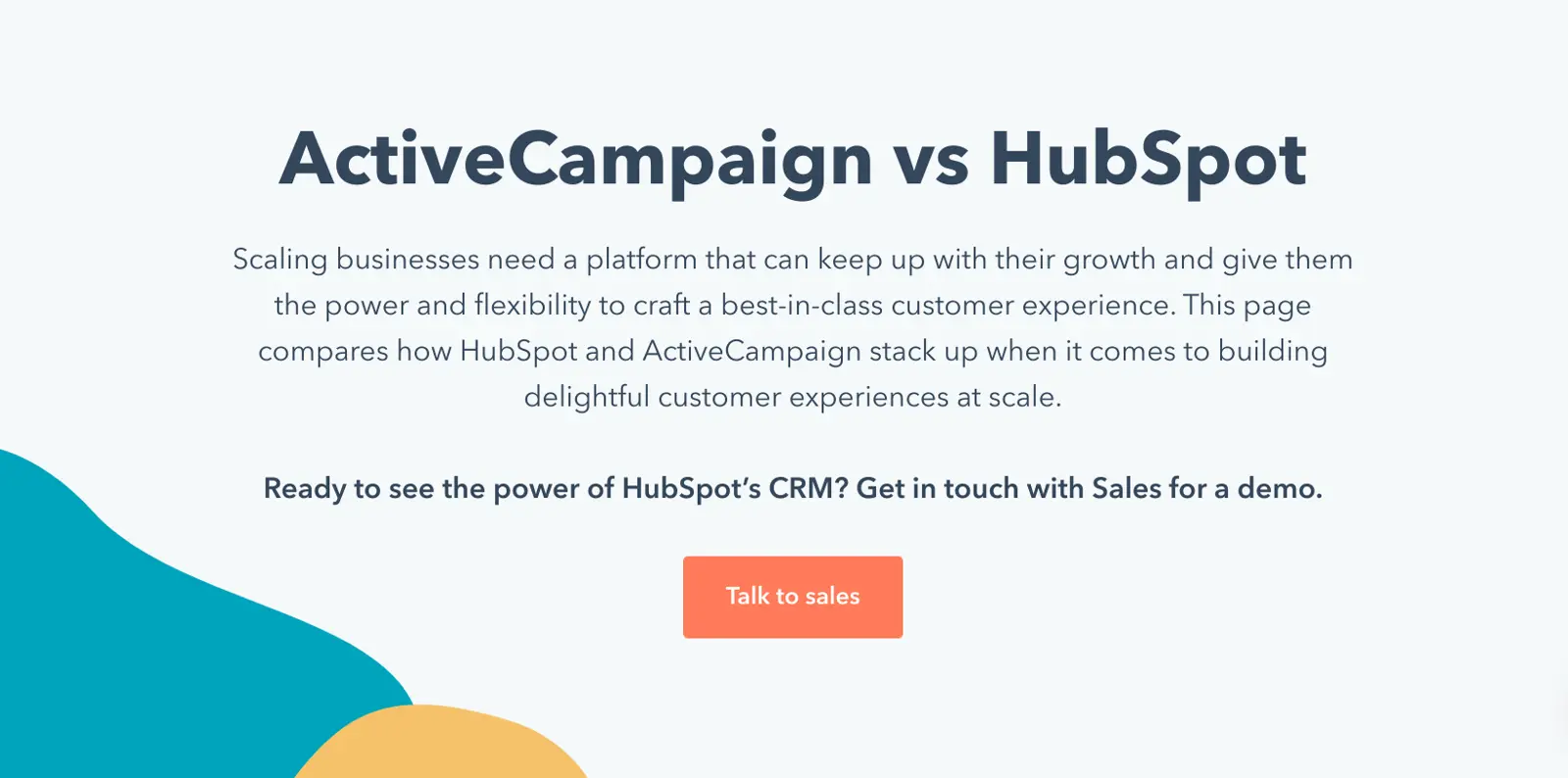 ActiveCampaign vs HubSpot comparison chart showing key selling points and software positioning.