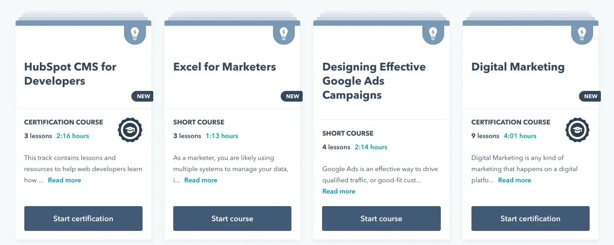 HubSpot certification courses for developers, marketers, Google Ads, and digital marketing overview.