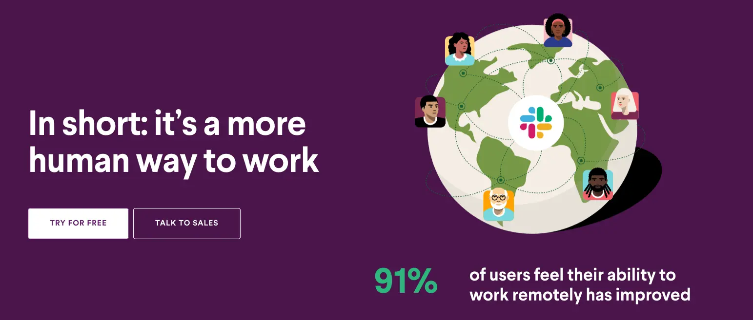 Slack homepage featuring a globe and user statistics about remote work improvement.