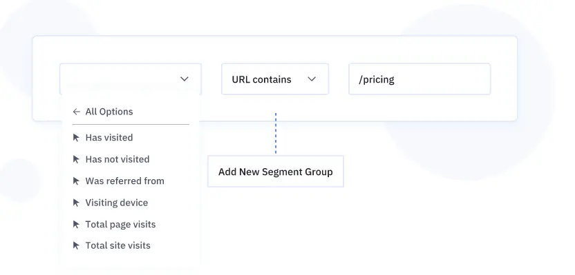 ActiveCampaign segment builder showing segmentation options for tracking user visits.