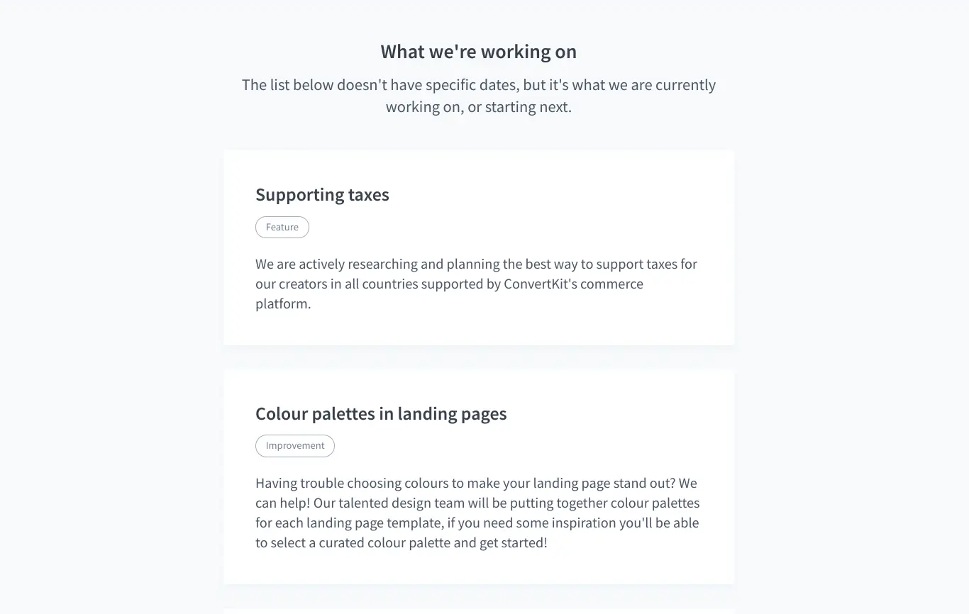 ConvertKit landing page editor showing ongoing projects and improvements.