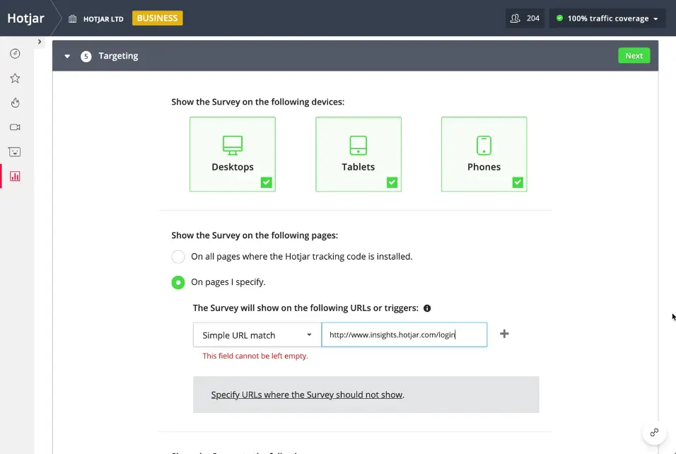 Hotjar survey targeting settings showing supported devices and URL specifications.