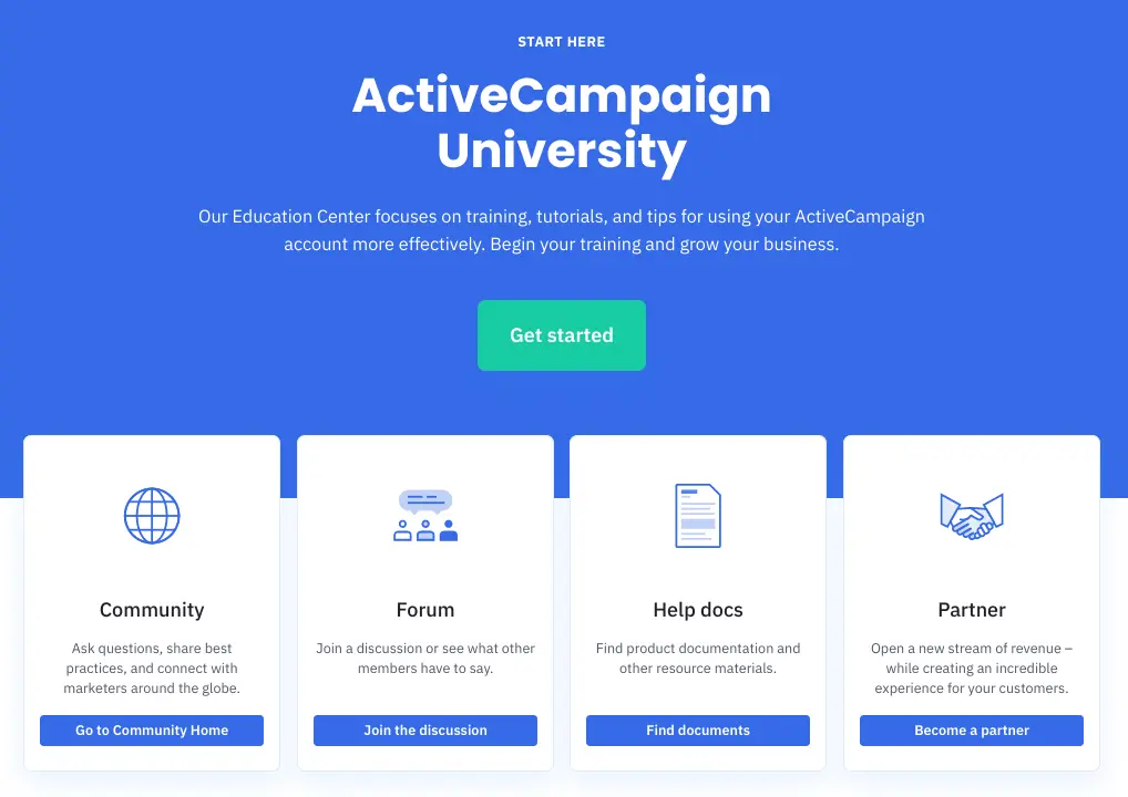 ActiveCampaign University homepage showcasing training and resources for users.