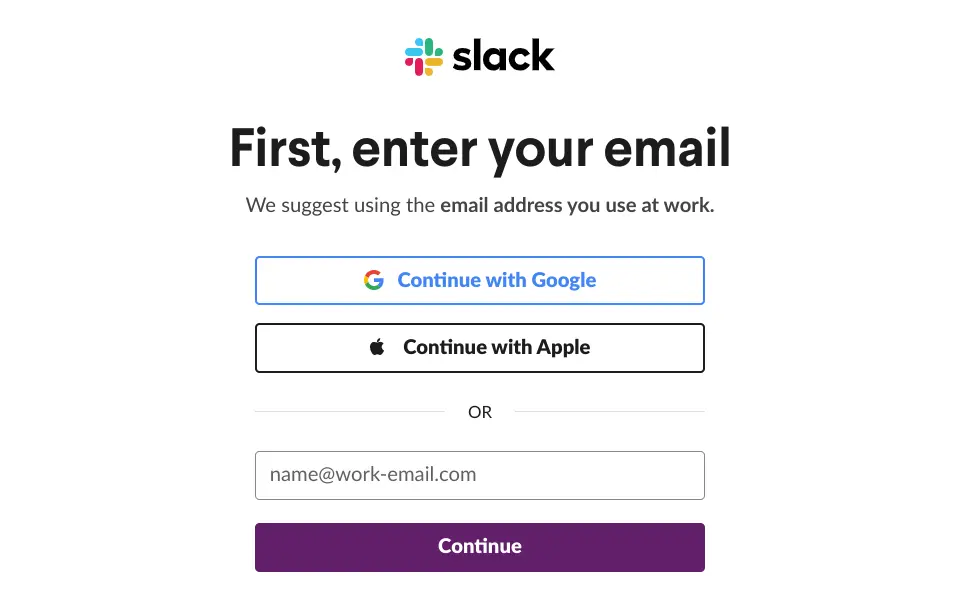 Slack signup screen prompting for email address.