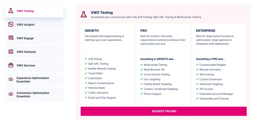 VWO Testing features and service offerings for optimizing conversions.