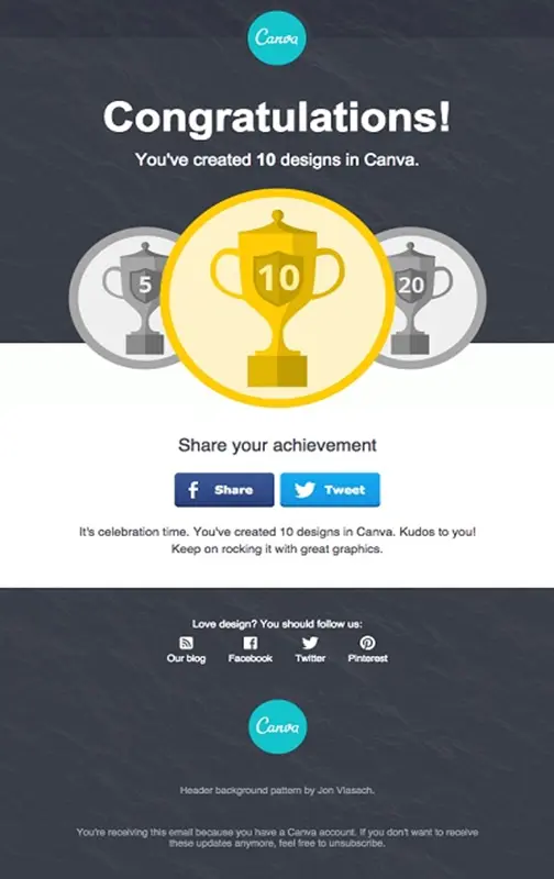 Canva congratulatory email celebrating user achievement of 10 designs.