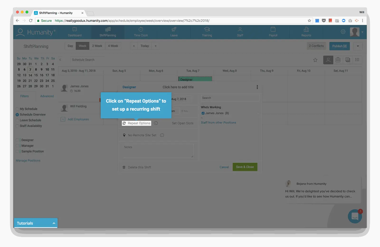 Humanity scheduling interface showing in-app guidance for setting up a recurring shift.