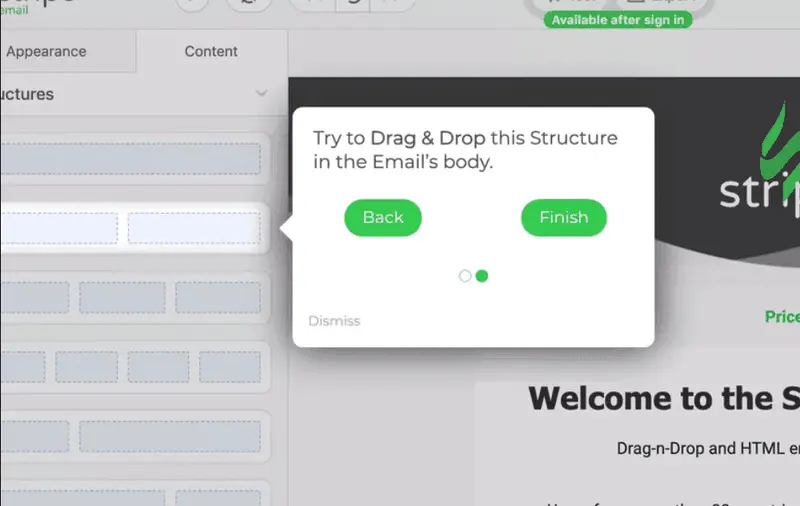 Stripo in-app guidance showing a drag-and-drop email structure tutorial.