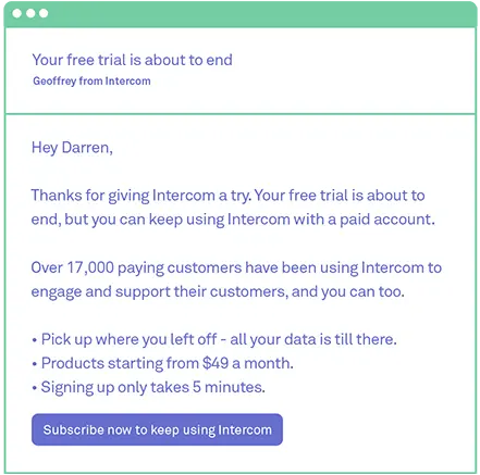 Intercom trial ending notification encouraging users to subscribe.