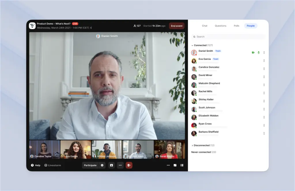Livestorm webinar interface showing participants and host Daniel Smith.
