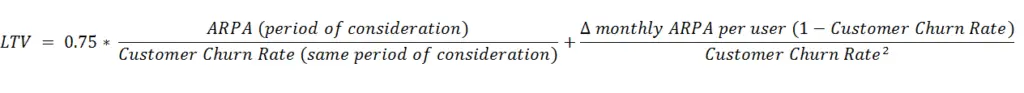 Real LTV formula for SaaS showing the relationship between ARPA and Customer Churn Rate.