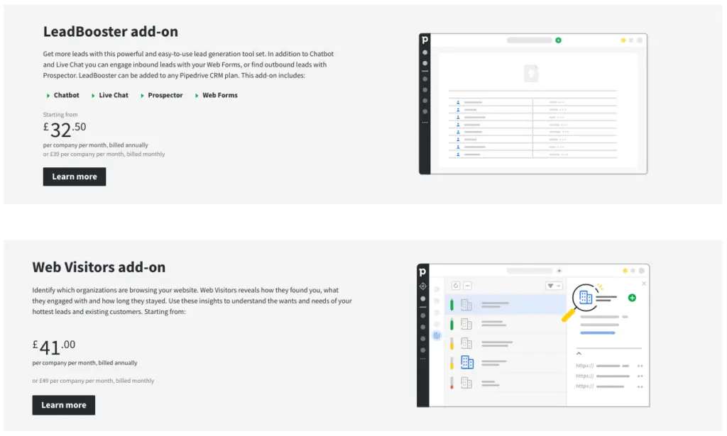 Chatbot showing lead generation tool features including web forms and prospecting options.